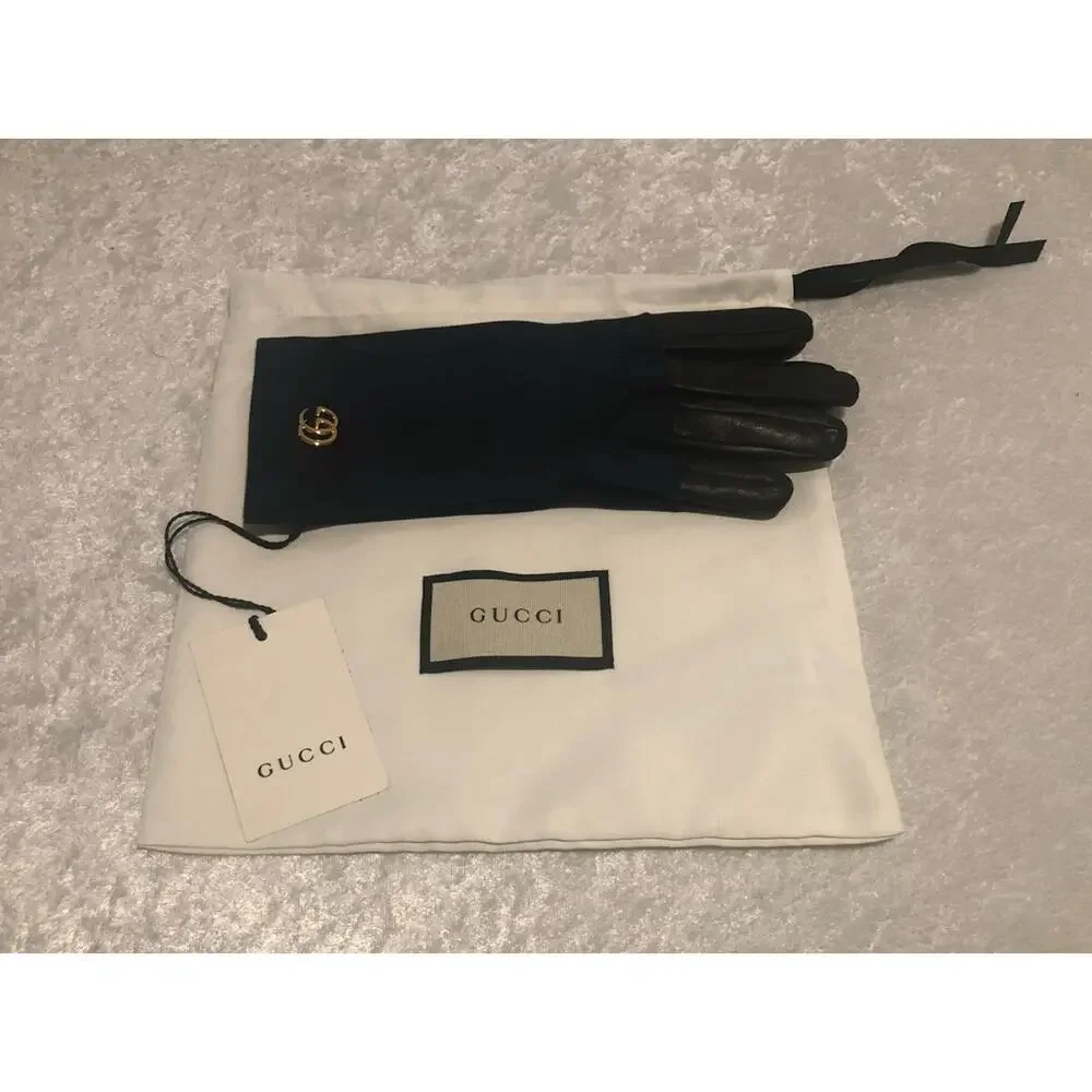 NWT Gucci Viola Blue Suede & Black Leather Marmont Logo Gloves Sz 7.5/M $630.00